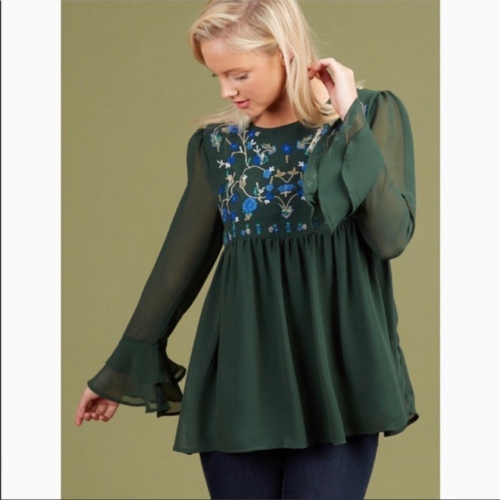 Altar’d State Embroidered Santia Green Floral Boho Blouse